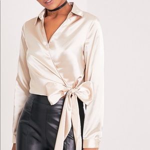 NWOT PrettyLittleThing Champagne Satin Wrap Blouse